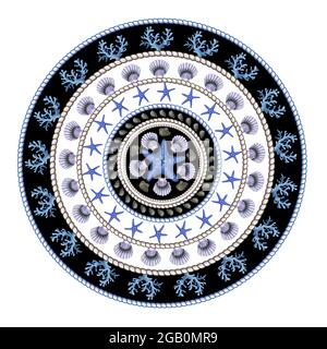 Foulard rond à motif étoiles de mer, coquillages et corde. Imprimé vectoriel tendance. Illustration de Vecteur