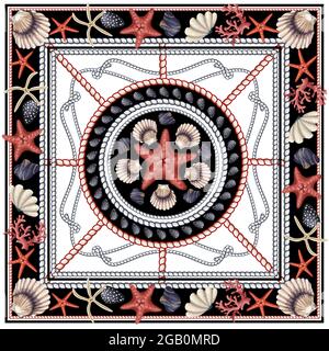 Foulard à motif étoiles de mer, coquillages et corde. Imprimé vectoriel tendance. Illustration de Vecteur