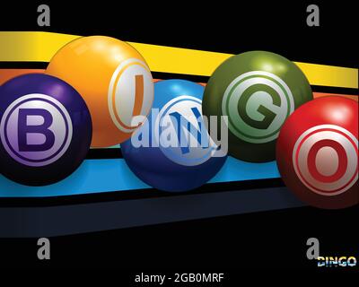 Illustration 3D des boules de Bingo indiquant le mot Bingo sur des bandes multicolores 3D sur fond noir Illustration de Vecteur