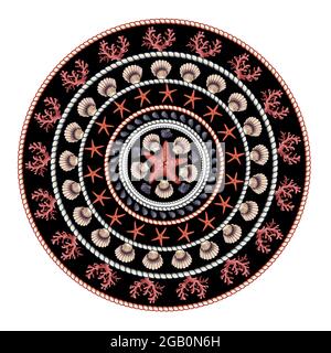 Foulard rond à motif étoiles de mer, coquillages et corde. Imprimé vectoriel tendance. Illustration de Vecteur