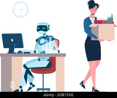 Elle a perdu son emploi en raison de la robotique. Le robot est sur le lieu de travail et la personne est congédiée. Hommes d'affaires, chômage. L'intelligence artificielle a remplacé les humains. Illustration vectorielle plate isolée Illustration de Vecteur