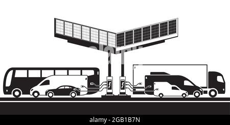 Différents véhicules électriques à la station de charge avec panneaux solaires Illustration de Vecteur