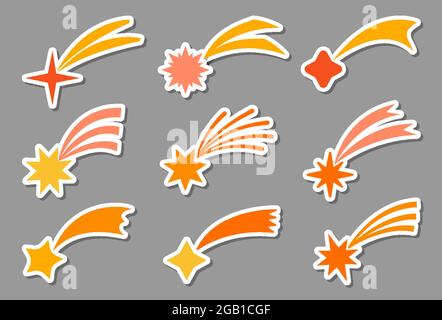 Ensemble d'étiquettes autocollantes Comet de style plat. Objet céleste étoiles montantes avec collection de queue. Pour la conception et la décoration de la chambre de chidren, pour le logo, l'application et le Web. Illustration de dessin animé vectoriel Illustration de Vecteur