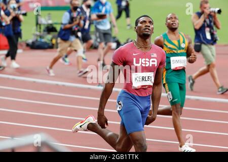 Tokyo, Kanto, Japon. 1er août 2021. Fred Kerley (États-Unis) après la finale masculine de 100m lors des Jeux Olympiques d'été de Tokyo 2020 au stade olympique. (Image de crédit : © David McIntyre/ZUMA Press Wire) Banque D'Images