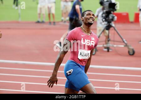 Tokyo, Kanto, Japon. 1er août 2021. Fred Kerley (États-Unis) après la finale masculine de 100m lors des Jeux Olympiques d'été de Tokyo 2020 au stade olympique. (Image de crédit : © David McIntyre/ZUMA Press Wire) Banque D'Images