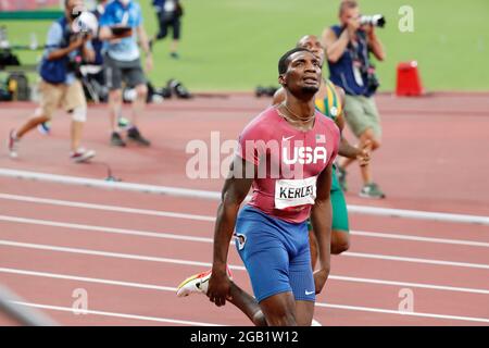 Tokyo, Kanto, Japon. 1er août 2021. Fred Kerley (États-Unis) après la finale masculine de 100m lors des Jeux Olympiques d'été de Tokyo 2020 au stade olympique. (Image de crédit : © David McIntyre/ZUMA Press Wire) Banque D'Images