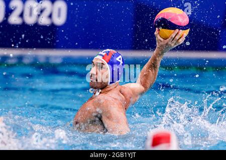 TOKYO, JAPON - 2 AOÛT : Pietro Figlioli, d'Italie, lors du match des hommes du tournoi de water-polo olympique de Tokyo 2020, entre l'équipe Hongrie et l'équipe Italie, au Tatsumi Waterpolo Centre, le 2 août 2021 à Tokyo, au Japon (photo de Marcel ter Pals/Orange Pictures) Banque D'Images