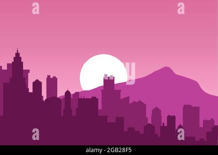 lever du soleil dans un paysage urbain avec des montagnes, fond violet vectoriel Illustration de Vecteur