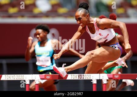 Tokyo, Japon. 2 août 2021. Jasmine Camacho-Quinn, de Porto Rico, participe à la finale de 100 m des femmes aux Jeux Olympiques de Tokyo en 2020, à Tokyo, au Japon, le 2 août 2021. Crédit: Wang Lili/Xinhua/Alay Live News Banque D'Images