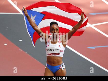 Tokyo, Japon. 1er août 2021. Jasmine Camacho-Quinn, de Porto Rico, célèbre après avoir remporté la médaille d'or dans le cadre de la compétition féminine de 100m haies lors des Jeux olympiques d'été de Tokyo, au Japon, le lundi 2 août 2021. Photo de Bob Strong/UPI. Crédit : UPI/Alay Live News Banque D'Images