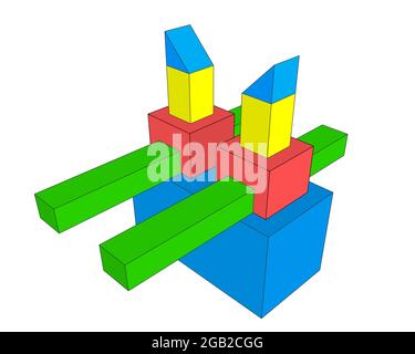 blocs de construction colorés de formes différentes empilés, construction abstraite avec formes géométriques 3d, jouet éducatif pour les enfants. illustration numérique Banque D'Images