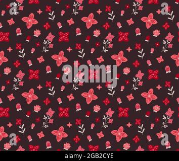 Motif sans couture avec petites fleurs roses et corail sur fond bordeaux foncé. Texture naturelle avec boutons sakura. Papier peint vectoriel floral. Délicat fa Illustration de Vecteur