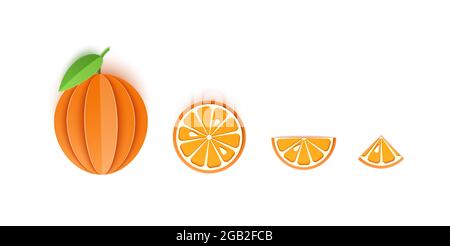 Ensemble de tranches de papier orange agrumes tranchées tranches entières, triangulaires et rondes, à utiliser dans tous les usages. Agrumes d'été, aliments juteux. Carte 3d vectorielle Illustration de Vecteur