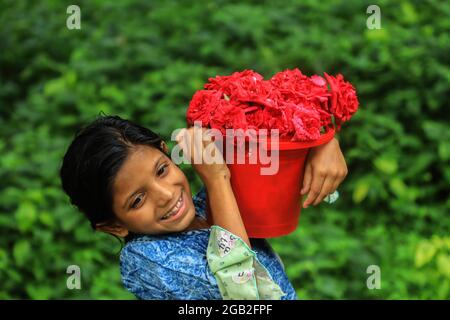 Dhaka, Bangladesh. 1er août 2021. Un enfant de la rue Sinthia Akter, âgée de 8 ans, vend des fleurs à l'Université de Dhaka, au Bangladesh. Crédit : SOPA Images Limited/Alamy Live News Banque D'Images