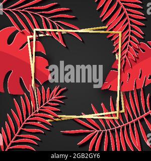 Cadre en papier doré avec feuilles tropicales rouges. Deux cadres carrés inclinés dorés se trouvent l'un sur l'autre. Illustration de carte vectorielle avec lieu de vente Illustration de Vecteur