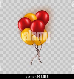 Un bouquet réaliste de ballons rouges et jaunes isolés sur fond transparent. Élément de carte de vœux vectoriel pour le concept de vente anniversaire ou Vendredi fou. Illustration de Vecteur