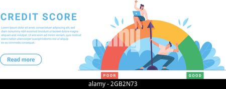 Homme plat tirant l'échelle de compteur de vitesse avec des niveaux de couleur changeant l'historique de crédit personnel de mauvais à bon. Femme analyse les données financières et la solvabilité d'un individu. Concept de prêt et d'hypothèque. Illustration de Vecteur