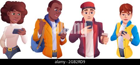 Groupe de personnes utilisant un smartphone. Hommes et femmes de différentes nationalités tenant le téléphone mobile et de chat, en tapant des messages. Jeunes personnages regardant des gadgets. Concept de communication en ligne. Illustration de Vecteur