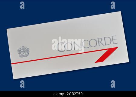 Dossier de documents du billet d'avion Original British Airways Concorde. Enveloppe de la carte d'embarquement sur un vol supersonique en 1994. Banque D'Images