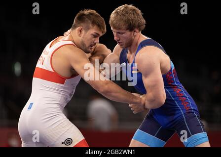 Tokyo, Kanto, Japon. 2 août 2021. 2 août 2021, Tokyo, Japon: Lutteur arménien, ARTUR ALEKSANYAN, 29 défaites le lutteur finlandais ARVI MARTIN SAVOLAINEN, 25 ans, avec une victoire par points de 5-1 lors de la compétition de quarts de 97kg de la Greco-Roman masculine aux Jeux Olympiques d'été de Tokyo de 2020 au Makuhari Messe Hall. (Image de crédit : © Paul Kitagaki Jr./ZUMA Press Wire) Banque D'Images