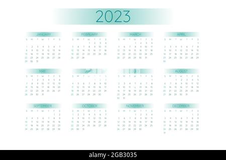 modèle de calendrier de poche 2023 de style minimaliste strict avec éléments de gradient sarcelle, format horizontal. La semaine commence le dimanche. Illustration de Vecteur