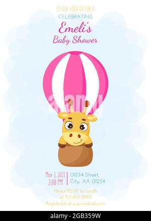 Modèle de carte d'invitation de douche de bébé avec petite girafe mignonne volante sur ballon d'air chaud. Personnage de dessin animé amusant. C'est une fille. Plat à piments de couleur vive Illustration de Vecteur