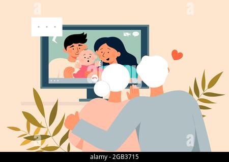 Illustration plate d'un couple senior ayant un appel vidéo avec les membres de sa famille à la télévision à la maison Illustration de Vecteur