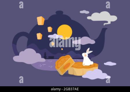 Design du festival d'automne de Nid. Illustration plate d'un lapin assis sur un gâteau de lune et regardant la lune et les lanternes volantes la nuit Illustration de Vecteur
