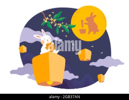 Carte festival mi-automne avec le personnage de lapin. Illustration plate d'un lapin jade tenant un gâteau de lune assis sur une lanterne de ciel et regardant plein Illustration de Vecteur