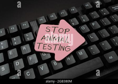 Légende de la présentation de Stop Animal Testing. La photo conceptuelle met fin à l'expérimentation animale ou à la recherche en dactylographiant les dossiers et rapports de l'hôpital Banque D'Images