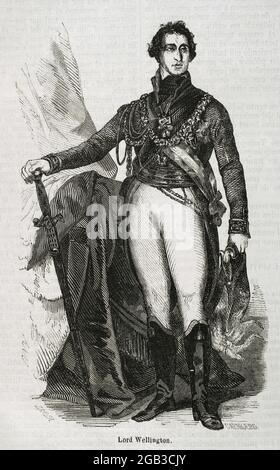 Arthur Colley Wellesley, 1er duc de Wellington (1769-1852). Général et politicien britannique. Pendant la guerre péninsulaire, il a dirigé les troupes britanniques qui combattaient Napoléon en Espagne. Portrait. Illustration de Zarza. Gravure par Carnicero. Historia général de España par Padre Mariana. Madrid, 1853. Auteur: 19E SIÈCLE. Eusebio Zarza (1842-1881). Artiste espagnol. Carnicero. Graveur espagnol. Banque D'Images