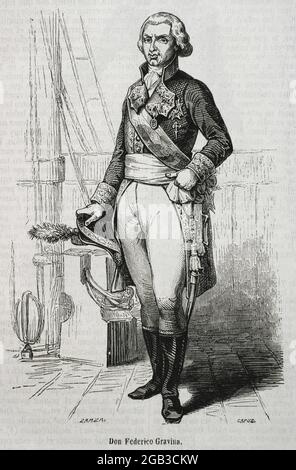 Federico Gravina (1756-1806). Amiral espagnol pendant la Révolution américaine et les guerres napoléoniennes. Il est mort à la suite des blessures subies pendant la bataille de Trafalgar. Portrait. Illustration de Zarza. Gravure par Capuz. Historia général de España par le Père Mariana. Madrid, 1853. Auteur: Eusebio Zarza (1842-1881). Artiste espagnol. Tomás Carlos Capuz (1834-1899). Graveur espagnol et xylographe. Banque D'Images