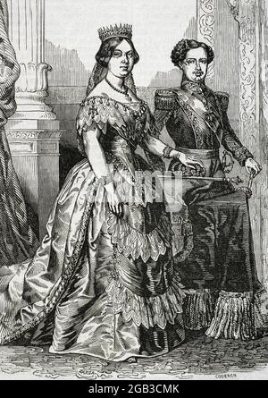 La reine Isabella II d'Espagne (1830-1904) et son mari Francisco de Asís de Borbón (1822-1902), roi consort d'Espagne de 1846 à 1868. Illustration de Zarza. Gravure par Coderch. Historia général de España par le Père Mariana, 1853. AUTEUR: DEUXIÈME MOITIÉ DU 19E SIÈCLE. Eusebio Zarza (1842-1881). Artiste espagnol. Coderch. Chalchographe espagnol. Banque D'Images