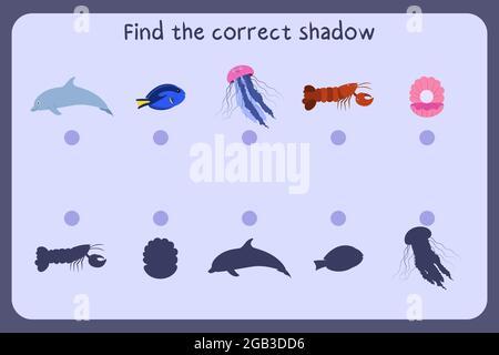 Jeu éducatif assorti aux enfants avec les animaux de mer - dauphin, surgeonfish, gelée de poisson, omar, shal avec perle. Trouvez l'ombre correcte. Illustration vectorielle. Illustration de Vecteur