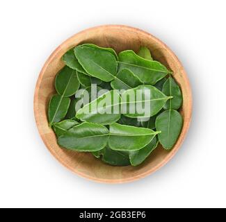 Vue de dessus des feuilles de chaux de Kaffir dans un bol en bois sur fond blanc Banque D'Images