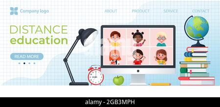 Vidéo conférence avec les enfants de l'école. Concept de formation en ligne. Illustration vectorielle de style dessin animé 3d, modèle de bannière Illustration de Vecteur