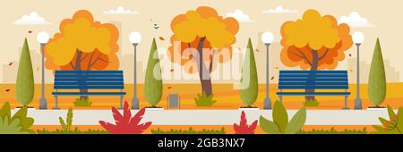 Paysage d'automne avec bancs, lumières de rue dans le parc et arbres jaunés. Concept de la saison d'automne. Illustration vectorielle de style plat Illustration de Vecteur