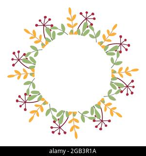 Belle couronne décorative d'automne de feuilles, de branches et de baies. Cadre rond à motif fleuri pour cartes de vœux. Décor traditionnel de Thanksgiving. Simple Illustration de Vecteur