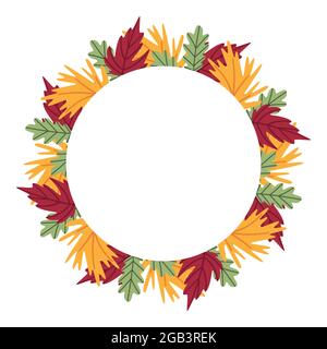 Couronne d'automne traditionnelle de feuilles mortes jaunes, rouges et vertes. Cadre rond à motif fleuri pour cartes de vœux. Décor traditionnel de Thanksgiving. Clipart simple Illustration de Vecteur