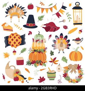 Grande collection d'objets et d'articles pour Thanksgiving. Plats traditionnels, vêtements, décoration pour les vacances d'automne nationales américaines. Éléments Illustration de Vecteur