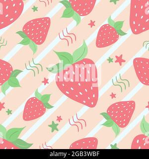 Motif sans couture de fraise rose dessiné à la main avec lettrage, rayures, feuilles, étoiles isolées sur fond jaune. Baies d'été pour la conception des autocollants, des affiches de menu. Illustration de Vecteur
