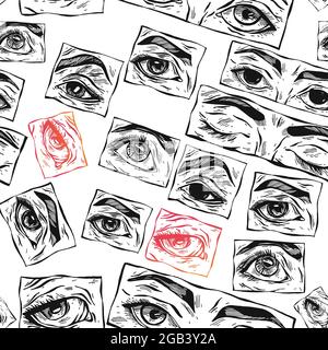 Dessin à la main vecteur abstrait plat graphique icône illustration esquisse modèle sans couture avec des yeux de femelle manga et de simples formes de collage texturées Illustration de Vecteur