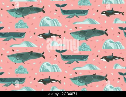 Dessin à la main vecteur résumé stock plat dessin animé graphique été sous-marin océan illustrations sans couture motif avec récifs de corail, beauté de grandes baleines Illustration de Vecteur