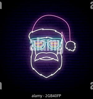 Panneau néon avec portrait du Père Noël. Motif vectoriel de Noël. Illustration de Vecteur
