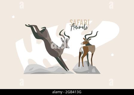 Illustration graphique à plat abstraite de stock vectoriel dessinée à la main avec collection de gazelles et d'antilopes sauvages africaines, dessin d'animaux de bande dessinée Illustration de Vecteur