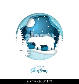 Ours dans la forêt de nuit d'hiver. Style de coupe de papier. Illustration origami. Motif de Noël. Illustration vectorielle. Illustration de Vecteur