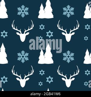 Motif de noël simple sans coutures. Cerf, forêt et flocons de neige sur fond bleu foncé. Illustration de Vecteur
