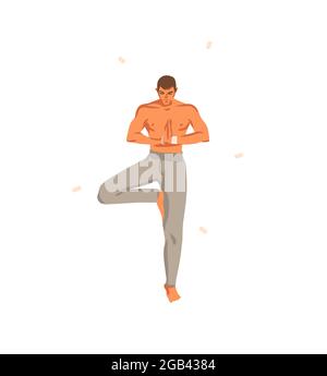 Dessin à la main vecteur résumé stock graphique bohème clipart illustration avec jeune heureux beauté homme caractère, méditant et praticien de yoga Illustration de Vecteur