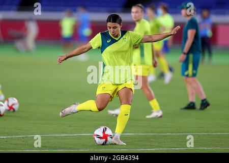 Tokyo, Japon, 2 août 2021. Sam Kerr de Team Australia s'échauffe lors du match semi-fin de football féminin entre l'Australie et la Suède le jour 10 des Jeux Olympiques de Tokyo 2020 Tokyo, Japon, 2 août 2021. . Credit: Pete Dovgan/Speed Media/Alay Live News Banque D'Images