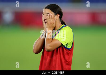 Tokyo, Japon, 2 août 2021. Sam Kerr de Team Australia s'échauffe lors du match sémifinal de football féminin entre l'Australie et la Suède le 10 e jour des Jeux Olympiques de Tokyo 2020. Credit: Pete Dovgan/Speed Media/Alay Live News Banque D'Images